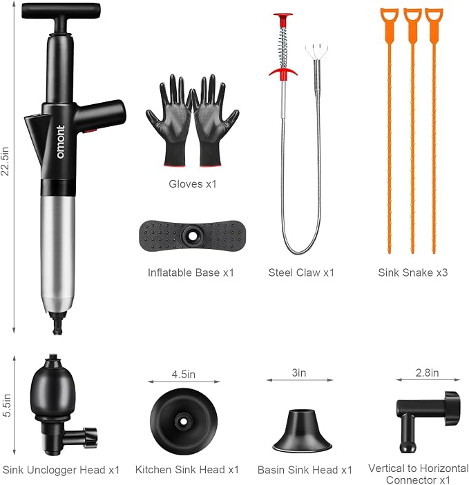 Toilet Plunger Drain Clog Remover: High Pressure Air Drainage Blaster Clog Remover Tool with Gloves- Stainless Steel Black Air Plunger for Bathroom, Sink, Floor, Kitchen Clogged