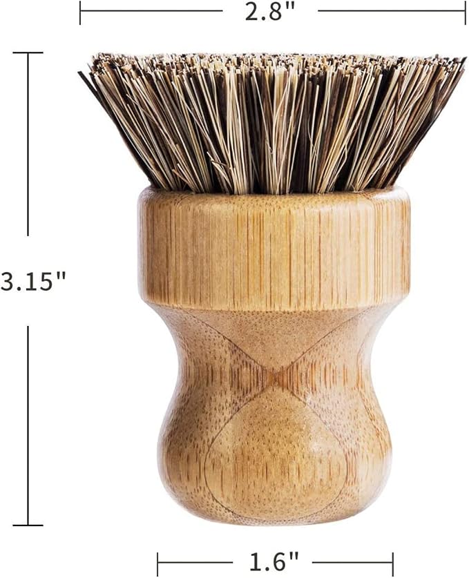 Palm Pot Brush- Bamboo Round 3 Packs Mini Dish Brush Natural Scrub Brush Durable Scrubber Cleaning Kit with Union Fiber and Tampico Fiber for Cleaning Pots, Pans and Vegetables