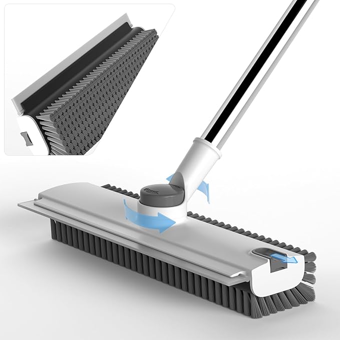 Floor Scrub Brush with Long Handle, 3 in 1 Scrape and Heavy-Duty Stiff Bristle Floor Scrubber Brush Broom with Squeegee and Tweezer for Cleaning White