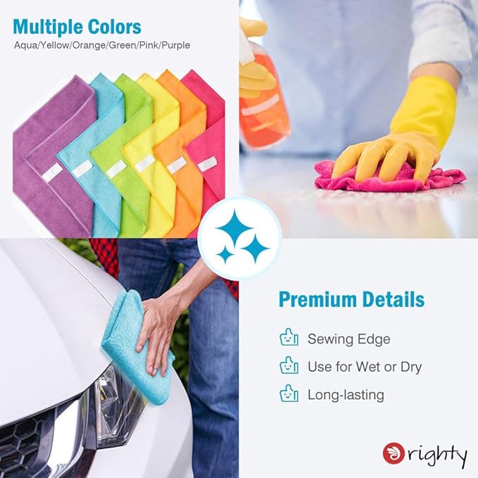 Orighty Microfiber Cleaning Cloth, Cleaning Rags, 12 Pack, 12x11 in | Microfiber Towels for Cars, Soft Highly Absorbent Rag, Lint Free Cloths for Car Care, House, Kitchen