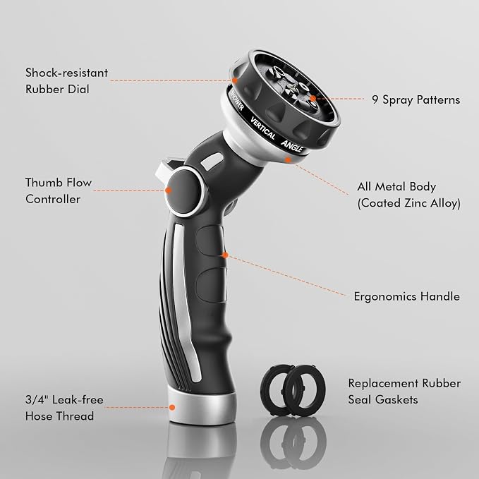 RESTMO Hose Nozzle Heavy Duty, Metal Water Hose Sprayer for Garden | 9 Spray Patterns, Leak Proof, Thumb Flow Control, On/Off Valve, Ideal for Outdoor Lawn & Plant, Car & Pet, Silver