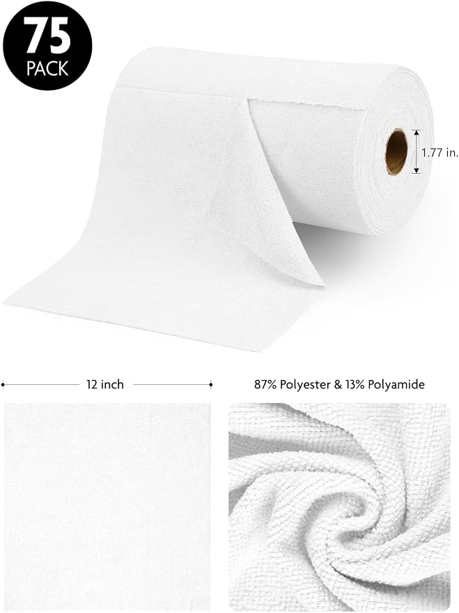 Fantasticlean Microfiber Cleaning Cloth Roll- 75 Sheets, 12" x 12" (White) | Super Absorbent, Lint-free, Tear-away Microfiber Towel Roll, for All-Purpose Cleaning, Reusable Alternative to Paper Towels