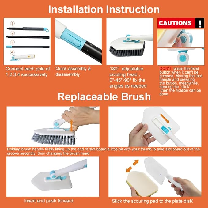 Long Handled Scrub Brush for Shower,3-in-1 Cleaning Brushes with 3 Different Function Cleaning Heads Brush for Shower Cleaning Bathroom Kitchen Walls Tub Tile (White)