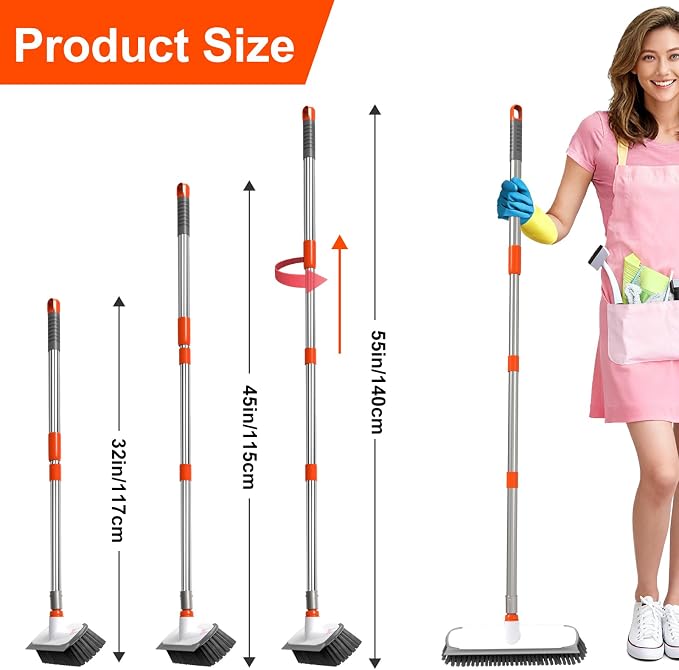 ITTAR Floor Scrub Brush with Long Handle, 12" Wide 2-in-1 Deck Brush and Squeegee with 55" Stainless Steel Pole, Heavy-Duty Stiff Bristles for Shower, Tile, Garage, Patio & Kitchen-Orange