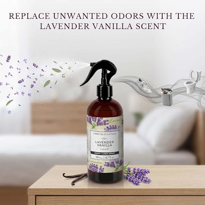 Abbey & Sullivan Linen Spray, Lavender Vanilla, Fabric Freshener and Odor Eliminator, Pack of 2, 16 oz