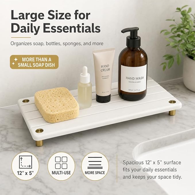 Razborci Instant Dry Sink Caddy Kitchen Sink Organizer, Quick Drying Stone Tray Diatomite Sponge Holder Soap Dish, Bathroom Countertop Fast Dry Water Absorbing Vanity Rack, Gold White, 12" x 5"