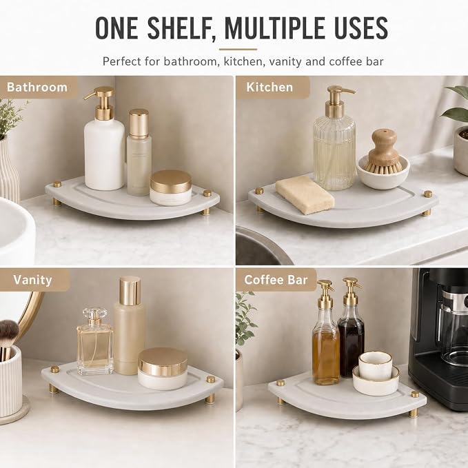 Corner Counter Shelf, Water Absorbing Stone Drying Tray Mat for Kitchen & Bathroom Sink, Diatomaceous Gold Faucet Coaster Soap Dish Rack Riser Dispenser Sponge Holder, Beige, 8.5" x 8.5"