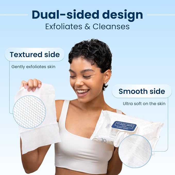 Clean Skin Club Clean Wipes, XL Makeup Remover Face Wipes, Textured Cleansing Facial Wipes for Sensitive Skin, Hypoallergenic, Fragrance-Free, Vegan, 40% Bigger, 30 Count