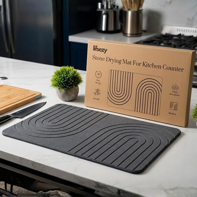 LIFSEZY- Large Stone Drying Mat for Kitchen Counter – Quick Dry Stone Mat Kitchen Accessory, Diatomaceous Earth Mat for Sink, Dishes, and Utensils, Gray.
