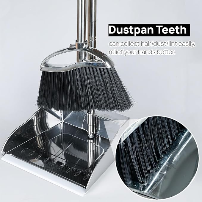 Indoor Broom and Dustpan Comb Set,Heavy Duty Stainless Steel Metal Dust Pan with Long Handle Sweeping Soft Bristles Broom for Floor Home Lobby Office