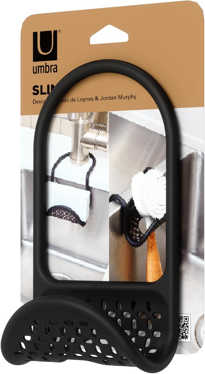 Umbra Sling Sponge Holder for Kitchen Sink – No Suction Cups, Flexible Caddy for Sinks and Faucets, Modern Design, Black