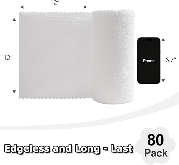 80 Pack Microfiber Cleaning Cloth Roll White Reusable Paper Towels 12"x12" Tear Away Cloth, Microfiber Towels for Cars, Wash Cloths, Lint Free Rags for House, Kitchen,Window,Cleaning Supplies