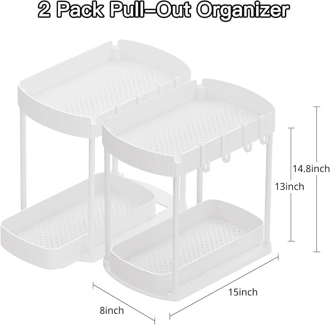 Ukeetap 2 Pack Multi-Purpose Pull-Out Storage Organizers, Under Sink Organizers and Storage for Bathroom & Kitchen, Under Cabinet Organizers and storage, 14.8 Inch, White