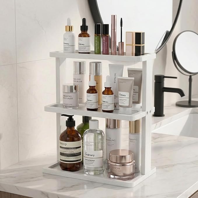 PEKER Bamboo Bathroom Organizer Countertop – Vanity Storage Shelf for Makeup, Perfume, Skincare – Natural Cosmetics Display Rack for Dresser, Sink, Kitchen – White