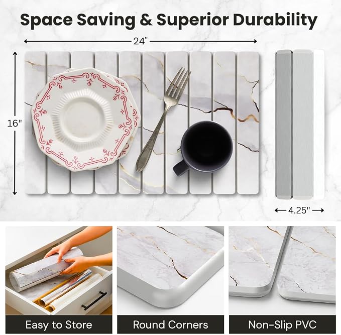 Large Stone Dish Drying Mat for Kitchen Counter, Foldable & Super Absorbent Diatomaceous Earth Drying Pad for Dishes, Cups, Bottles with Anti-Slip Mesh & Quick Dry (White Marble 24"L x 16"W)