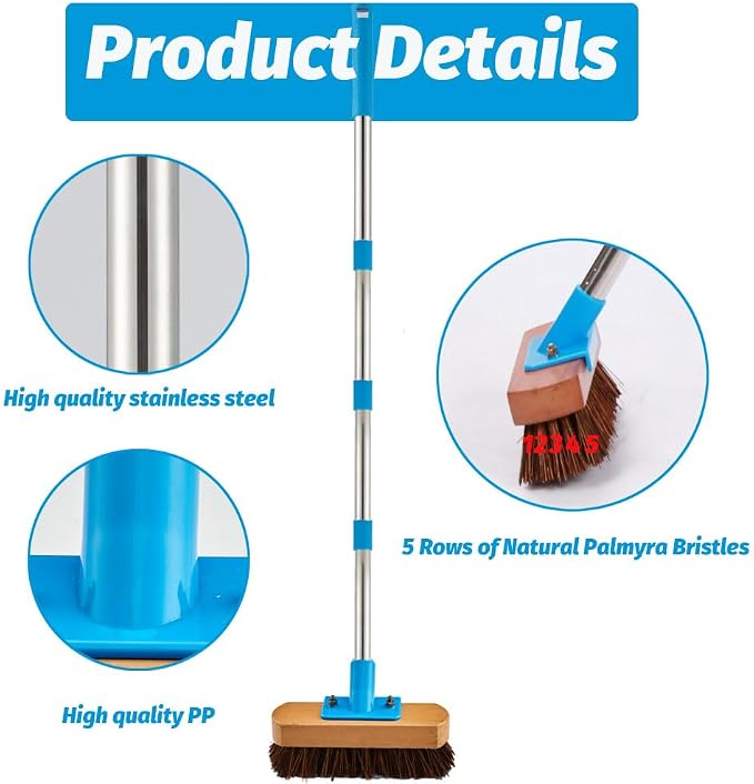 YONILL Floor Scrub Brush with Long Handle for Deck, Patio,Garden, Sidewalk | 60" Adjustable Stainless Steel Handle, Deck Brush with Stiff Natural Palmyra Bristles, Cleaning Rough Surface, Concrete Floor