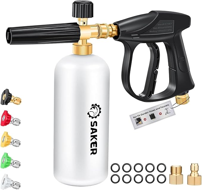 Saker Short Pressure Washer Gun with Foam Cannon, M22-14 to M22-15 and M22-14 to 3/8 Inch Brass Adapter Connector, with 5 Pressure Washer Nozzles