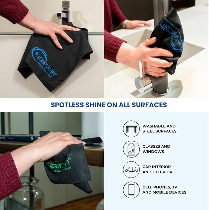 Supercloth® Premium Microfiber Cleaning Cloth for All-Purpose, Lasts Over 5 YEARS, Glasses Cleaning Cloth, Microfiber Cleaning Cloth for Cars, Magic Reusable Cloth Streak-Free 100% Made in Italy (3pk)