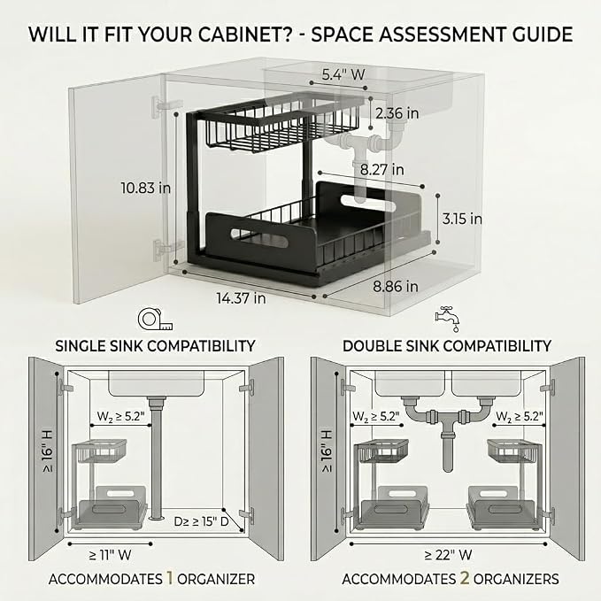 Sturdy Metal Under Sink Organizer 2 Tier, Pull Out Drawer Slides Under Sink Storage for Bathroom Kitchen, Multi-Purpose Iron Under Cabinet Organizer for Cleaning Supplies (Black, 2 Pack)