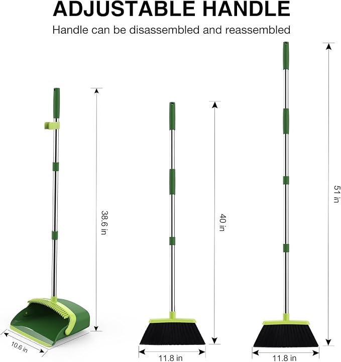 NACENA Broom and Dustpan Set with 52-in Long Adjustable Handle, Green | Broom Dustpan Combo with Dustpan Teeth to Automatically Clean Hair Suitable for Home Kitchen Office Hall Floor