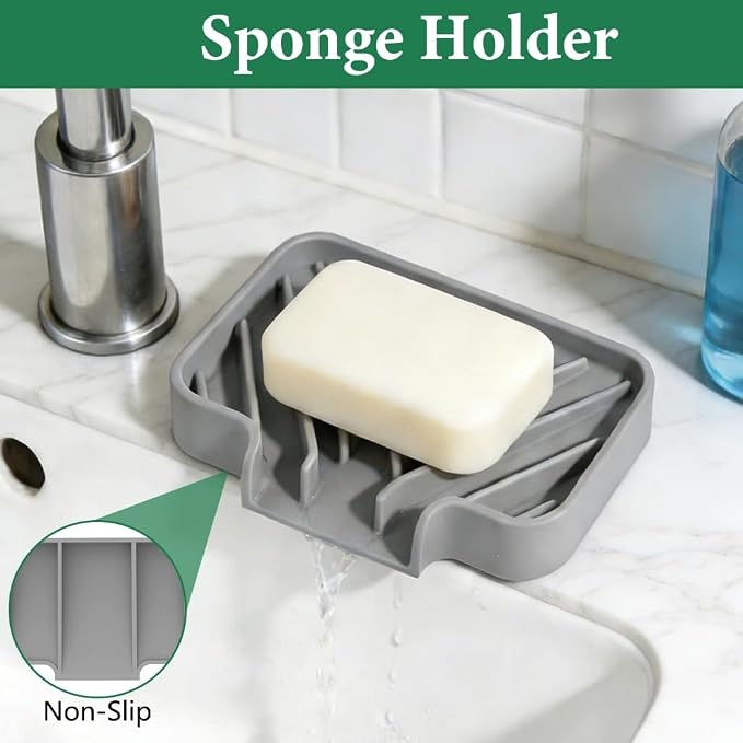 GUUKIN Sponge Holder for Kitchen Sink, Sink Caddy and Soap Tray | 5x3.5 inch Kitchen Sink Organizer | Compatible with Scrub Daddy, Kitchen Sink Accessories (Grey)