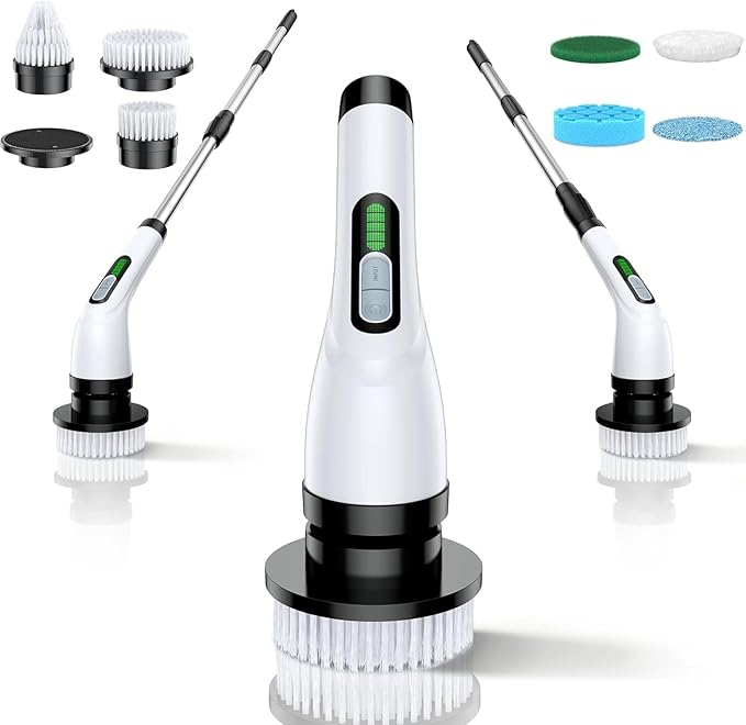 Electric Spin Scrubber for Bathroom: Shower Scrubber with Long Handle | Dual Speed Cordless Power Cleaning Scrub, 7 Brush Heads, IPX7 Waterproof Heavy Duty Cleaner Tools for Tub Tile Grout Wall