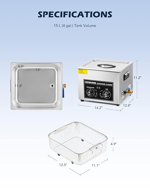 CREWORKS 15L Ultrasonic Cleaner with Knob, Total 760W Professional Industrial Auto Cleaning Machine for Carburetor Repairing Tools Parts Instrument, 40kHz Digital Sonic Cavitation Cleaner with Heater