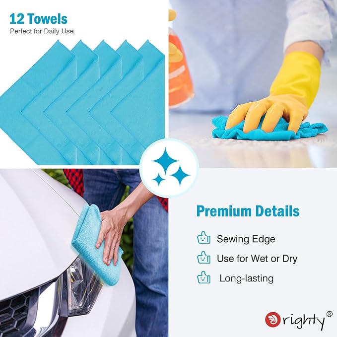 Orighty Microfiber Cleaning Cloth, Cleaning Rags, 12 Pack, 12x11 in, Blue | Microfiber Towels for Cars, Soft Highly Absorbent Rag, Lint Free Cloths for Car Care, House, Kitchen