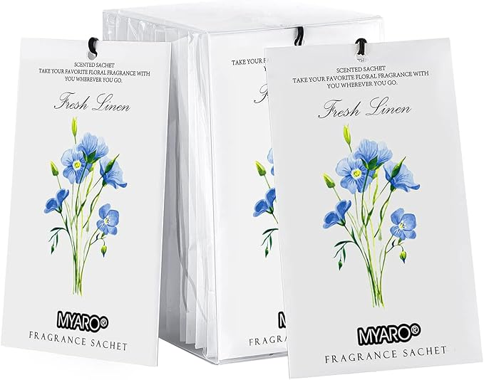 MYARO 12 Pack Fresh Linen Scented Sachets, Closet Deodorizer Car Freshener | Long-Lasting Sachet Bag, Odor Eliminator for Closet, Drawer, Bathroom, Clothes, Fabric Refresher, Home Fragrance Gift Set