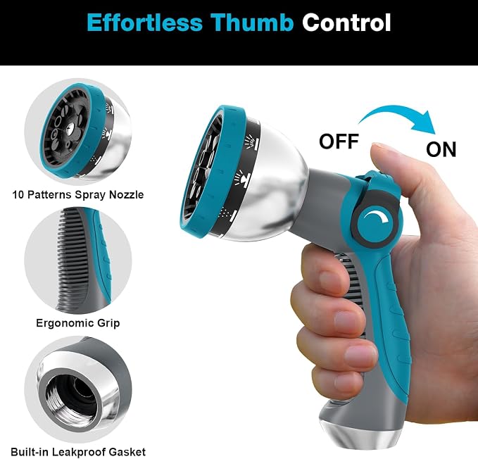 Besiter Garden Hose Nozzle, Hose Sprayer Nozzle with 10 Spray Patterns, Thumb Control On Off Valve, High Pressure Metal Water Hose Nozzle for Car Wash, Plants, Pets & Outdoor Cleaning