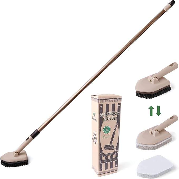 Eyliden Shower Scrubber with Long Handle, 2 Type Head, Tile Tub Scrub Brush | 49" Handle, 2 Different Function Cleaning - 1 Stiff Bristle + 2 Non-Scratch Pads, for Bathroom Grout Sink Glass Kitchen Floor