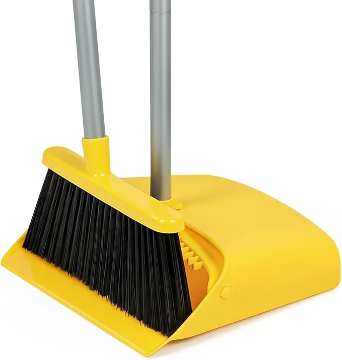 Stand Up Dustpan and Broom Set 50” Long Handle Broom with Dust Pan, with Self Cleaning Combe for Ergonomic Home Office Classroom Indoor Sweeping