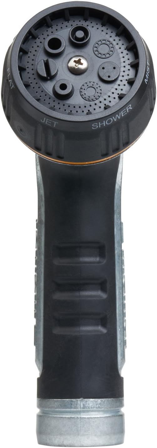 Melnor 65020-AMZ Metal Multi-Pattern Hose Nozzle with Rear Trigger Grip, 7 Spray Patterns, Heavy-Duty Metal Construction, Quick Connect Adapter, Black, Orange