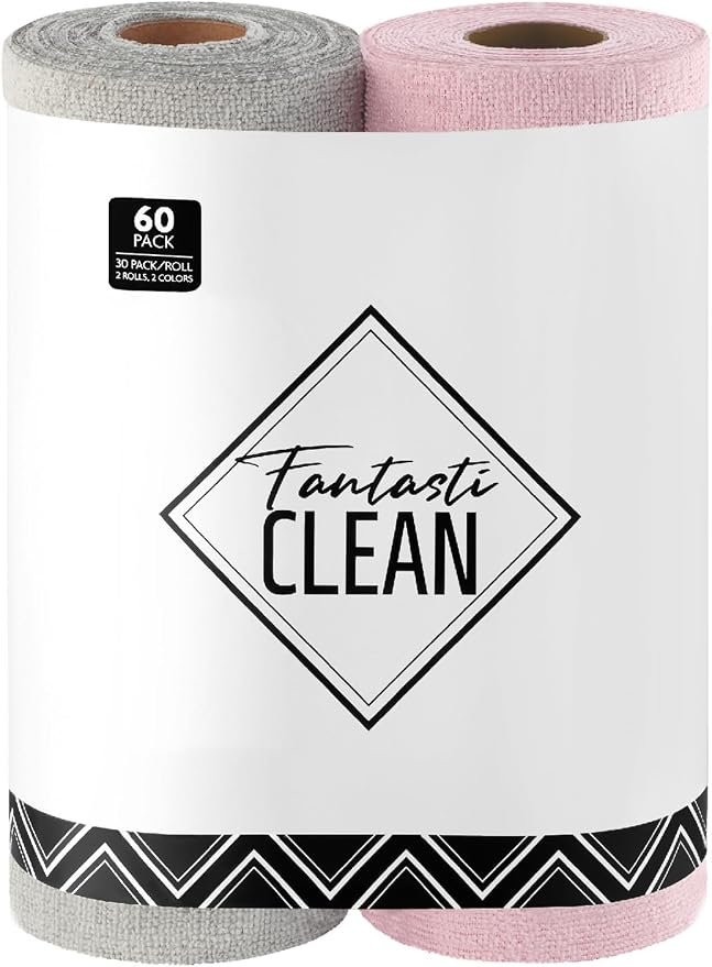 Fantasticlean Microfiber Cleaning Cloth Roll- 60 Sheets,12"x12"(Pink, Grey) | Super Absorbent, Lint-free, Tear-away Microfiber Towel Roll, for All-Purpose Cleaning, Reusable Alternative to Paper Towels
