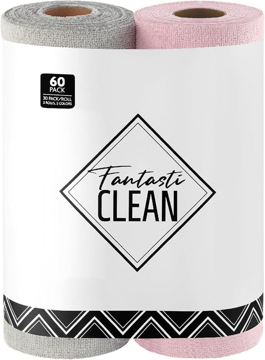 Fantasticlean Microfiber Cleaning Cloth Roll- 60 Sheets,12"x12"(Pink, Grey) | Super Absorbent, Lint-free, Tear-away Microfiber Towel Roll, for All-Purpose Cleaning, Reusable Alternative to Paper Towels
