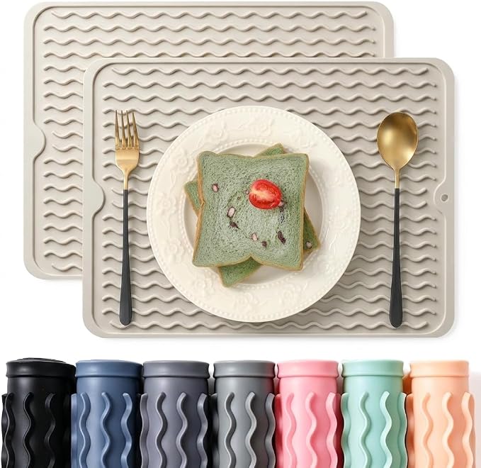 2 Pack Caketime Silicone Dish Drying Mat for Kitchen Counter Dining Placemats Shower Caddy Refrigerator Liners Essentials Heat Resistant Waterproof Trivets Pad Coffee Bar Items 15"x11.5" Milk