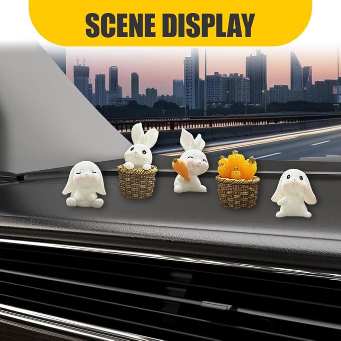 5PCS Cute Mini Rabbit Car Dashboard Decorations, Resin Cartoon Figurine Set for Rear View Mirror & Center Console Ornaments, Funny Car Interior Accessories for Home Office Desk (Rabbit)