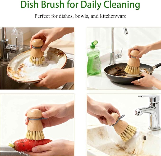 2 Pack Wooden Dish Brush with Soft Rubber Hanging Ring