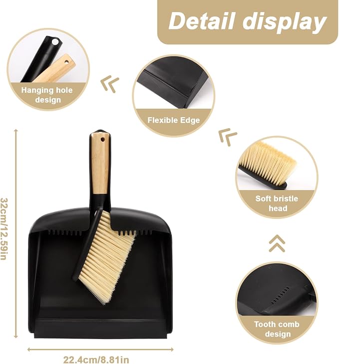 Mini Dustpan and Brush Set with Bamboo Handle, Black, 1 Set | Portable Multipurpose Broom Dustpan Set with Handle Teeth, for Desktops, Bedroom, Kitchen, Pet Care, Camping