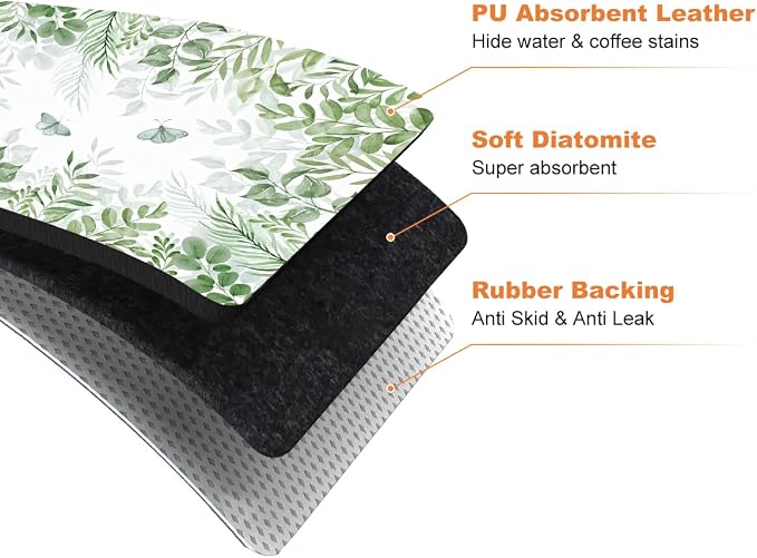 LOKHOM Dish Drying Mat for Kitchen Counter, 18"x24" Absorbent Mat with Green Plant & Butterfly Pattern, Drain Rack Mat for Counter Coffee Maker, Dining Room Decor