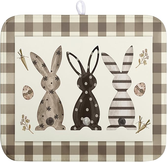 Easter Dish Drying Mat for Counter Bufflao Plaids Bunny Dish Mat Cute Rabbits Eggs Carrot Absorbent Microfiber Dish Draining Mat Reusable Dishes Pad Large 16x18 In