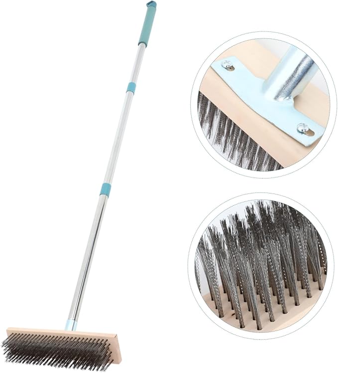 PRETYZOOM Heavy Duty Stainless Steel Scrub Brush with Pole for Tough Outdoor Cleaning for Decks Patios and Concrete Ergonomic Design for Comfortable Use