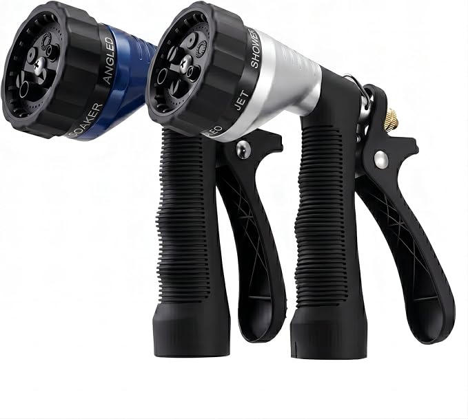 GREEN MOUNT Water Hose Nozzle 2-Pack, Zinc Alloy Garden Spray Nozzle with Adjustable Spray Patterns, Leakproof Rustproof Trigger Lock for Outdoor Cleaning & Car Wash, Silver& Blue