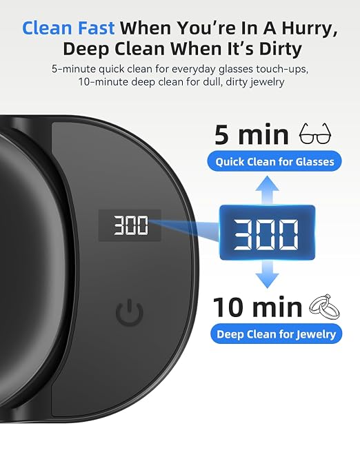 KUNPHY Ultrasonic Jewelry Cleaner, 400ml Sonic Cleaner for Rings, Glasses | 4 LED Light & Display, 48kHz Ultrasonic Cleaner, 400ml 304 Tank, Quiet 45dB, Dual 5/10min Timers, Overheat Protection, Black