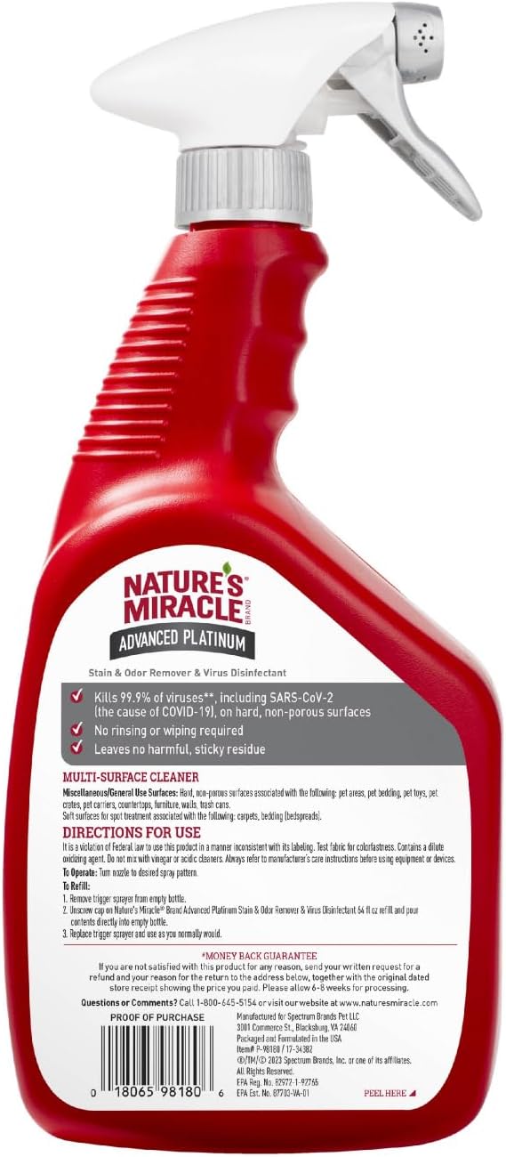 Nature’s Miracle Advanced Platinum Stain and Odor Remover and Virus Disinfectant, 32 Ounces, Disinfects and Cleans