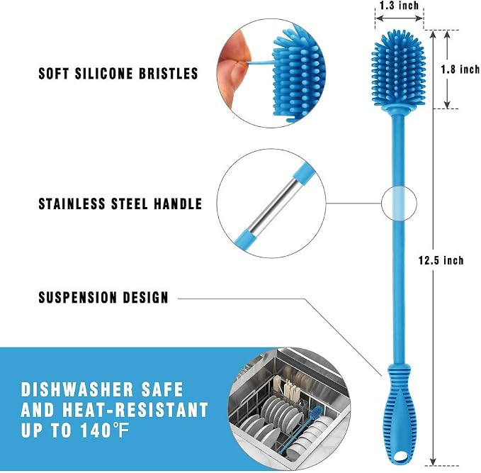 Silicone Bottle Cleaning Brush with Long Handle, Water Bottle Cleaner for Baby Bottles, Hydro Flask, Sports Bottle, Vase, Glassware, Perfect for Smaller Diameter Bottle Openings (Qty 1)