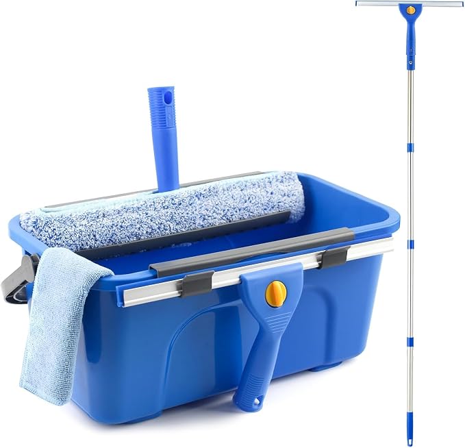 PIMEKOY Window Cleaning Kit with Bucket, Squeegee and Scrubber for Outdoor | Professional Window Washing kit, 61" High Window Squeegee & Scrubber, 3 Gal Bucket, Window Cleaner Tool for Home, Commercial