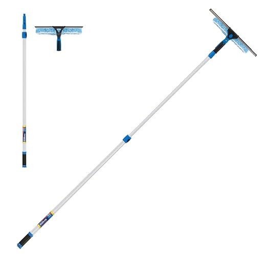 Unger Professional 2-in-1 Squeegee and Scrubber, 14” Window Cleaning Tool and 8’ Connect & Clean Pole, Essential Glass Supplies for Commercial and Residential Use, Microfiber Sleeve