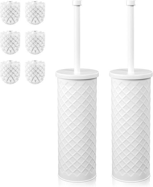 Toilet Bowl Brush and Holder Set 2 Pack with 4 Extra Brush Heads | Extra Long Handle with Splash Guard Cover, Tool-Free Installation, Bathroom Space-Saving, Cleaner Sets for Apartments, RV (White)