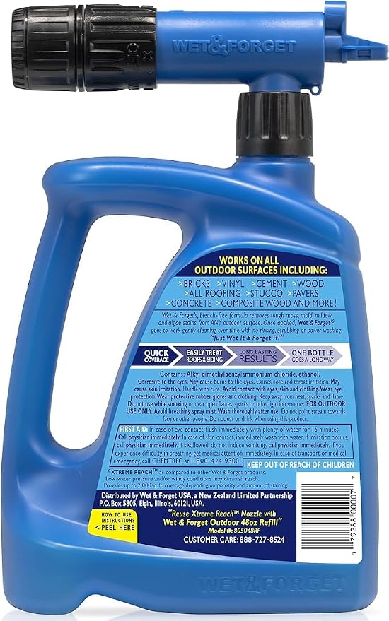 Wet & Forget Outdoor Moss, Mold, Mildew, & Algae Stain Remover Multi-Surface Cleaner, Xtreme Reach Hose End with New & Improved Nozzle, 48 Fluid Ounces